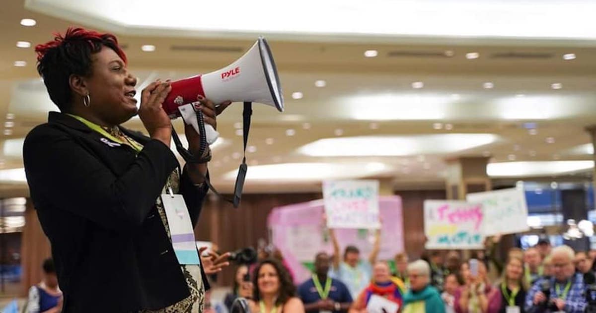 Monica Roberts speaks at rally during Creating Change 2019 in Houston, TX