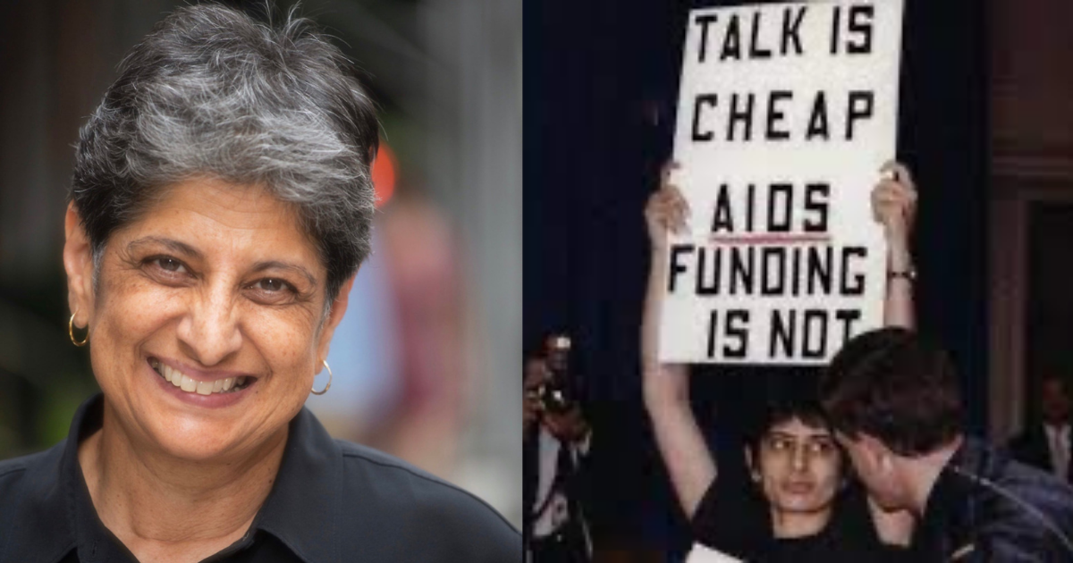 Two photographs side by side. On the left, Urvashi Vaid smiiles at the camera. On the right, a younger Urvashi Vaid holds a sign saying "Talk is cheap. AIDS funding is not" as she glares at a person to her left.