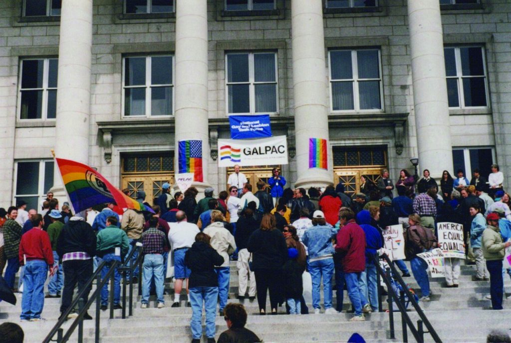 1996 rally to kick off the Equality Begins at Home campaign, a nationwide initiative for LGBTQ rights at the state level.