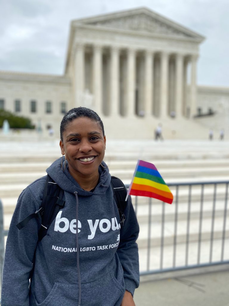 Kierra Johnson of The Task Force in front of the Supreme Court.