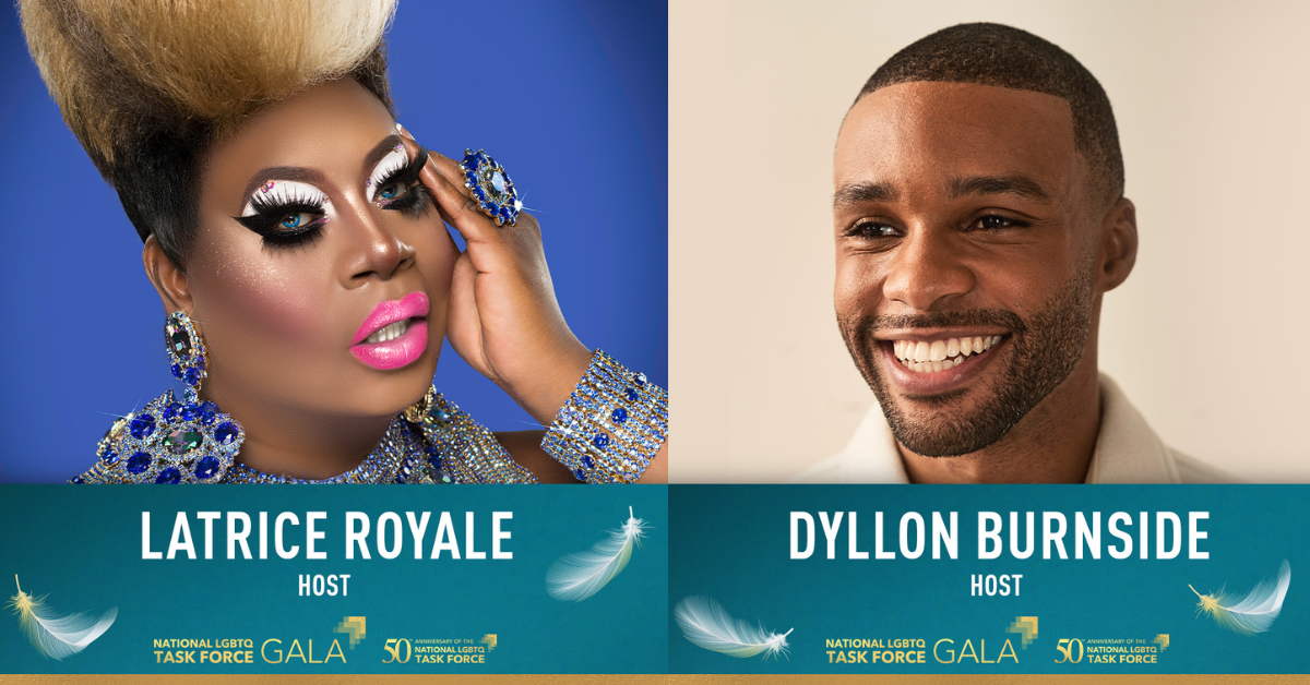 The image features two individuals, Latrice Royale and Dyllón Burnside, who are posing for a photograph. Latrice Royale, a woman wearing a large wig and big earrings, stands in front of a vibrant blue background. She strikes a pose and confidently gazes at the camera. Dyllión Burnside, a black man, is seen smiling against a plain white background. He presents a friendly demeanor and exudes positivity. Iconic drag performer and actor Latrice Royale and award-winning actor, singer, and filmmaker Dyllón Burnside as emcees of the 2023 National LGBTQ Task Force 50th anniversary fundraising Gala.