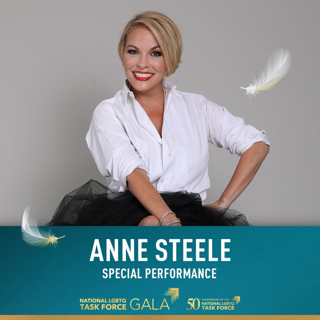 This image features 2023 National LGBTQ Task Force Special Performer, Anne Steele. The image features a woman wearing a white shirt and black tulle skirt, striking a pose for a photo. She is smiling brightly. Anne is positioned in the center of the image, occupying a significant portion of the frame. At the bottom of the image, white text says "Anne Steele Special Performance" displayed against a blue background. It is positioned towards the center of the image. Towards the bottom right corner of the image, there is text presented in a gradient style, consisting of the words "National LGBTQ Task Force Gala" and "50th Anniversary of the National LGBTQ Task Force." These texts are displayed on a colorful background, with the colors changing from left to right.
