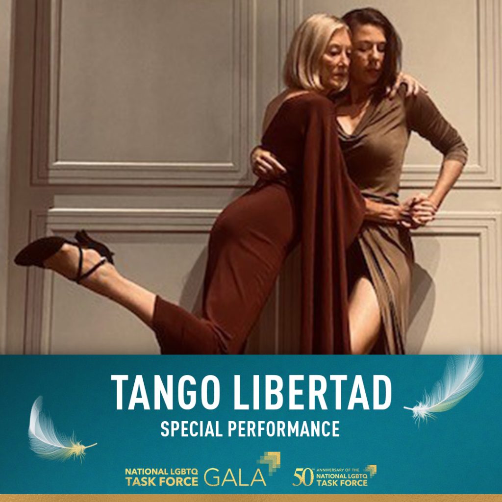 This image features 2023 National LGBTQ Task Force Special Performers Colette and Katerina of Tango Libertad. The image showcases Colette and Katerina of Tango Libertad on a stage, dancing. One of the women is wearing a brown dress, and they both seem to be enjoying themselves. At the bottom of the image, white text says "Tango Libertad Special Performance" displayed against a blue background. It is positioned towards the center of the image. Towards the bottom right corner of the image, there is text presented in a gradient style, consisting of the words "National LGBTQ Task Force Gala" and "50th Anniversary of the National LGBTQ Task Force." These texts are displayed on a colorful background, with the colors changing from left to right.