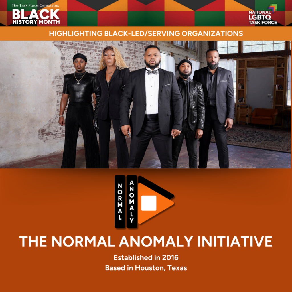 Against an orange background, is a picture of The Normal Anomaly Initiative staff dress in black standing and facing the camera. Below them is their logo, and text that reads "The Normal Anomaly Initiative. Established in 2016. Based in Houston, Texas.