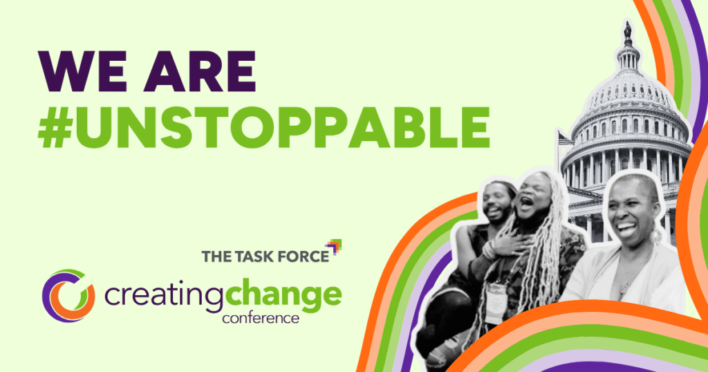 A graphic reads "We Are [hashtag] unstoppable" as a multicolored wave frames cutouts of attendees and the Capitol Building.